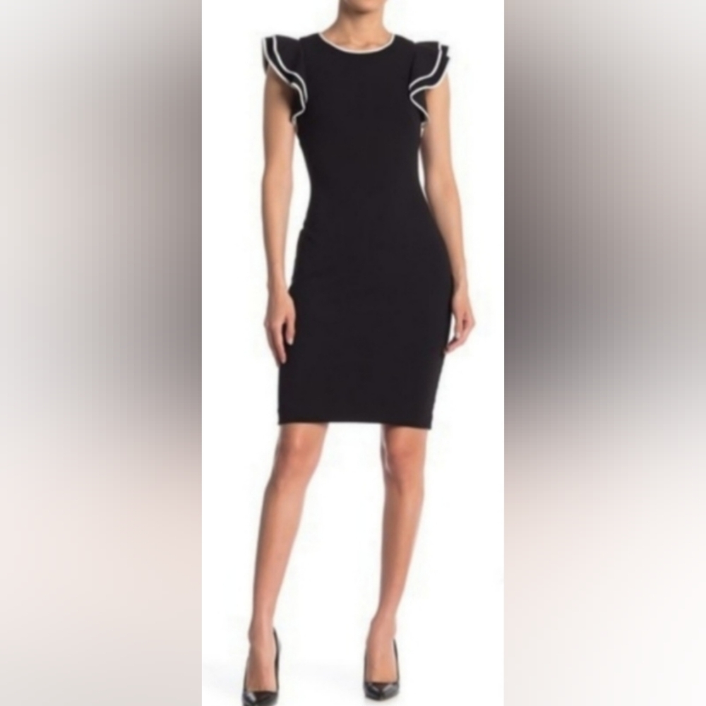 Tommy Hilfiger Size 14 Black White Contrast Trim Ruffled Sleeves Mini Dress NEW